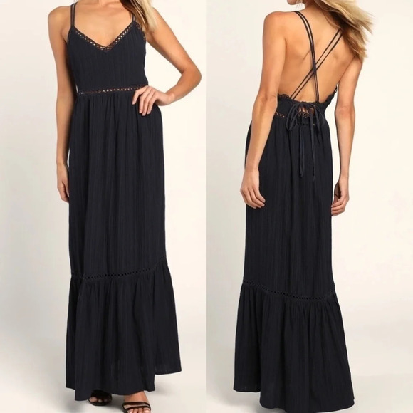 Lulus Dress Womens XS Navy Relaxed Vibes Strappy Lace Beachy Boho Coastal Maxi - Picture 1 of 15
